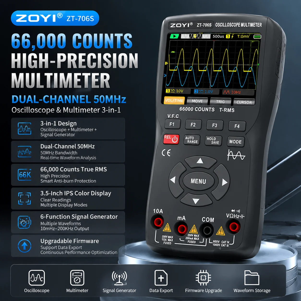 ZOYI ZT-706S New 3-in-1 Dual Channel Oscilloscope Multimeter 50MHz for Electrician Electronics Car Automotive Repair
