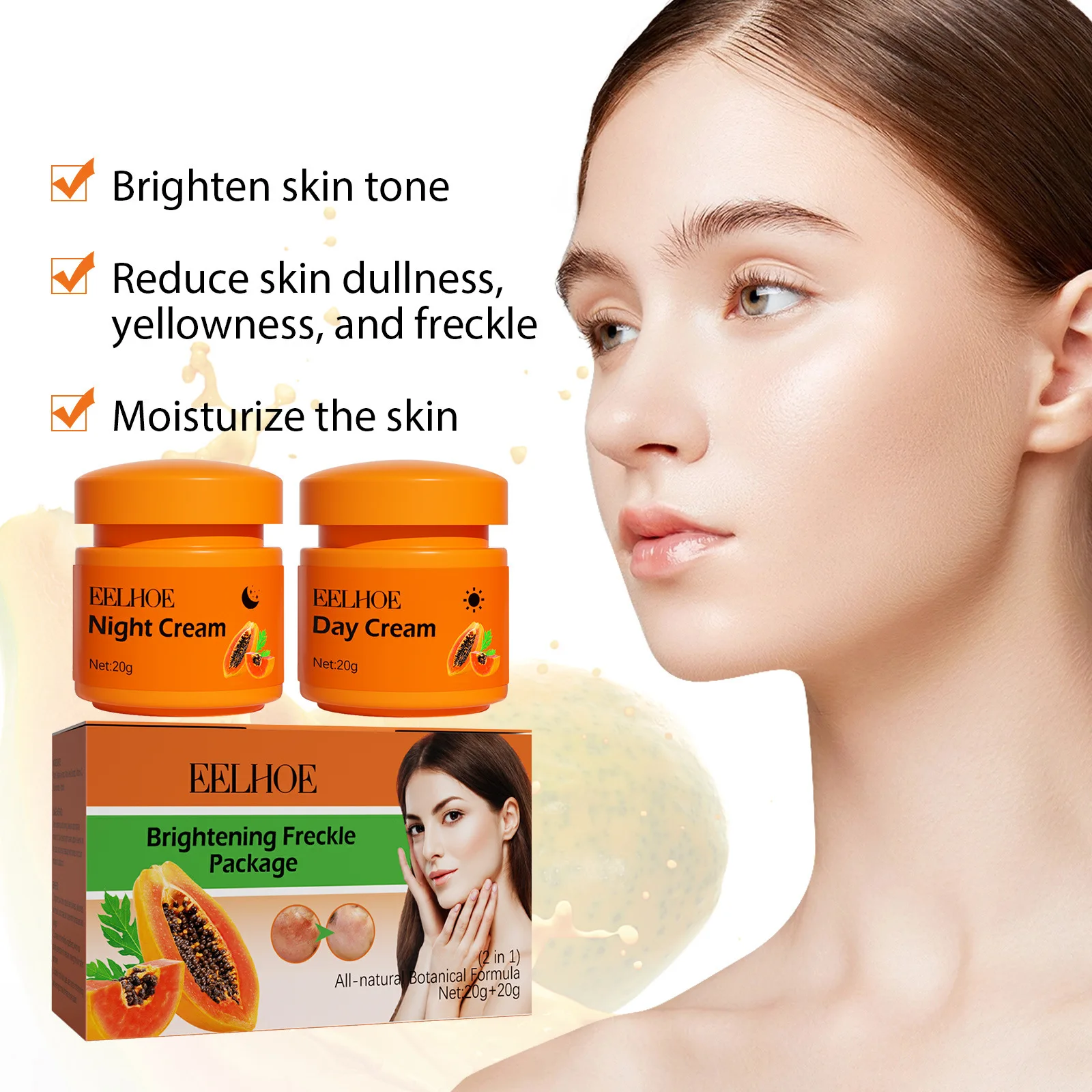 Freckle Whitening Face Cream Papaya Day Night Sun Spots Corrector Fade Pigment Brighten Skin Tone Blemish Bleaching Nourishing