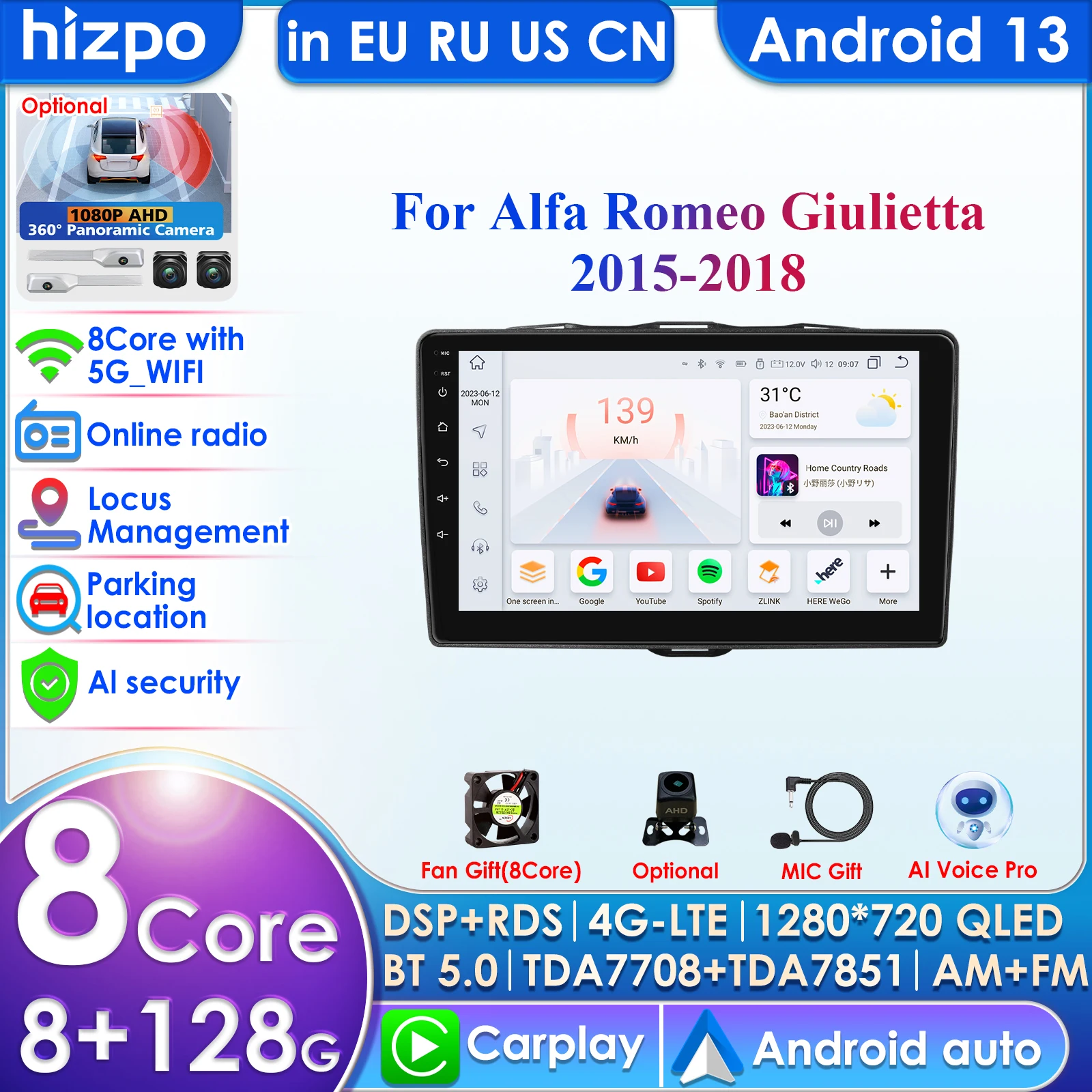 Hizpo 9inch AI Intelligent Player 2din Android Car Radio for Alfa Romeo Giulietta 2015 - 2018 Furgonato GPS Carplay Auto 4G WIFI