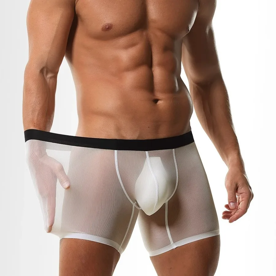 Shorts boxer de perna longa masculino, roupa íntima de seda gelo, cueca sexy, calcinha transparente, bolsa protuberante, calcinha fina seethru