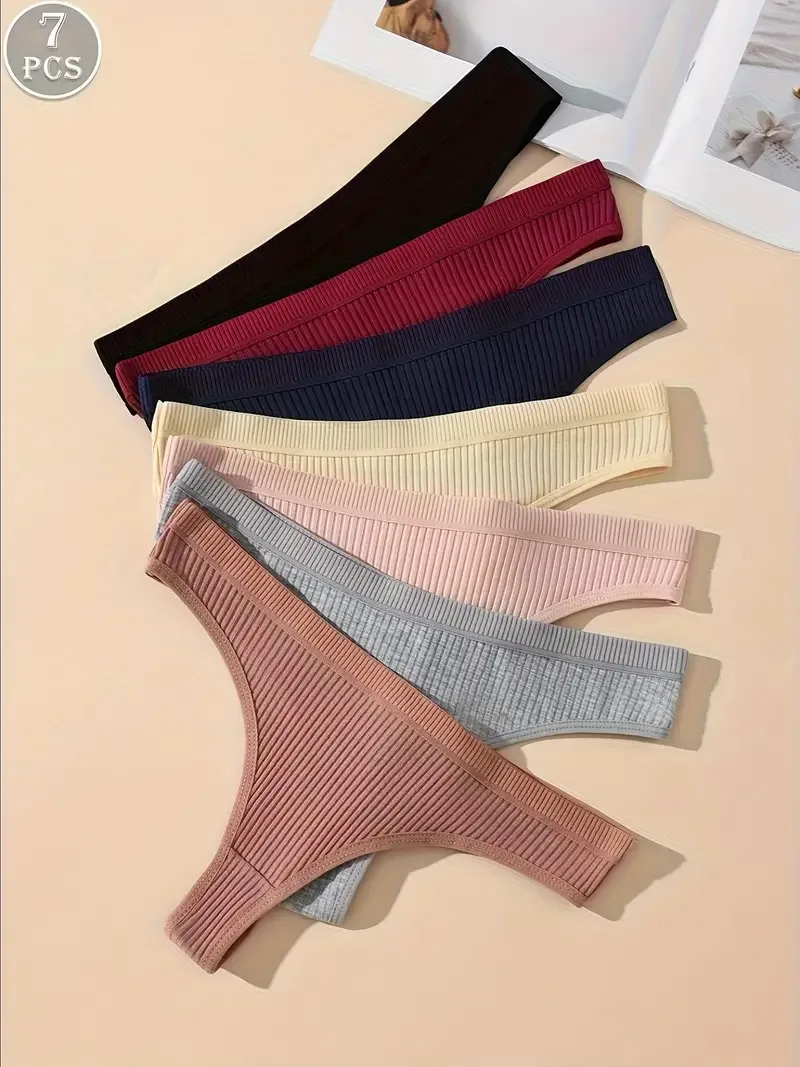 7PCS Women Thongs Panties Cotton Striped Underwear Sexy Intimates Female Lingerie Solid Color Comfort Panty Soft G-Strings XS-XL - Image 3