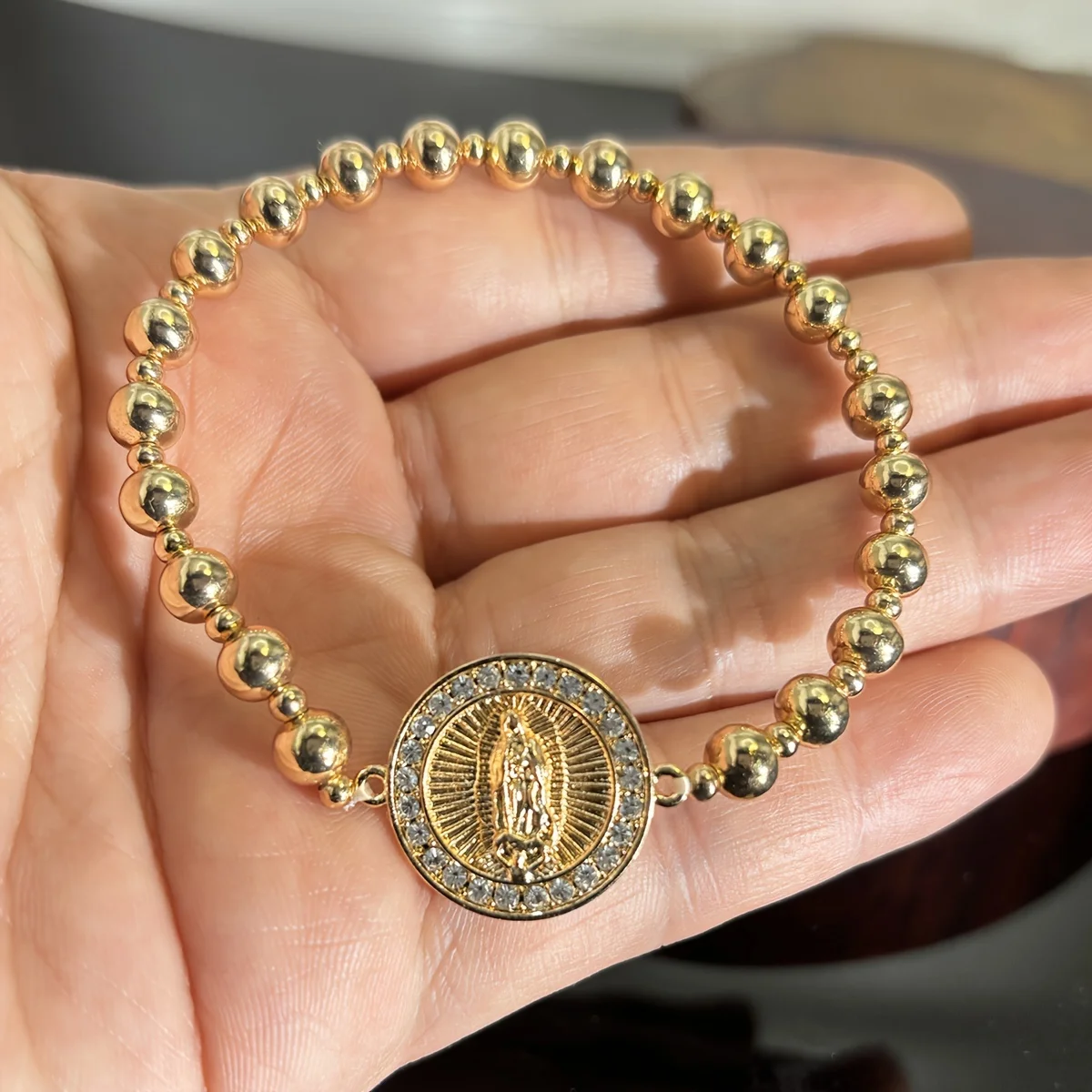 1pc/Religious Adjustable Golden Virgencita Bracelet Beads Prayer Decompression Bracelet