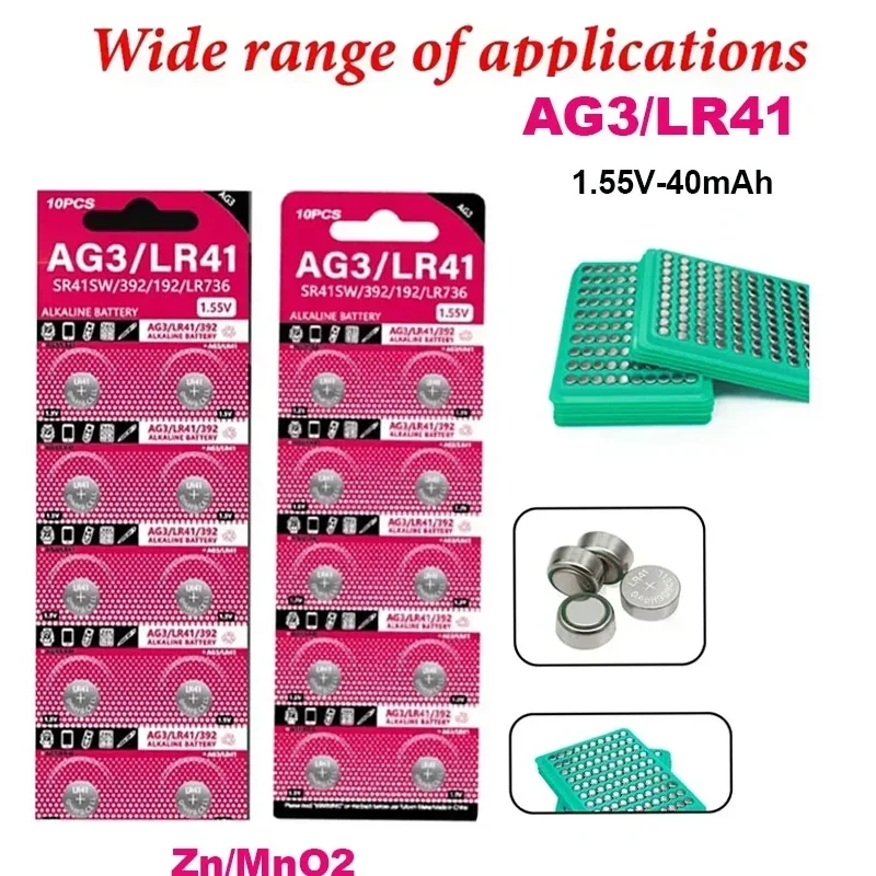 AG3 LR41 1.55V 40mAh Button Battery Cell Coin Lithium Batteries SR41 192 L736 384 SR41SW CX41 LR41 392 Long for Watch Car RC Key