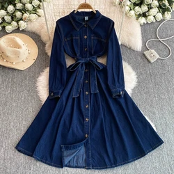 Women French Retro Long-sleeved Denim Dress Female Waist Slimming Temperament A-line Shirt Jeans Dress