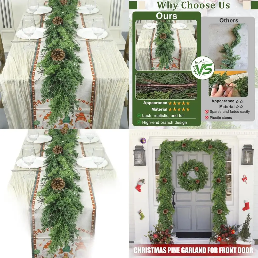

Realistic Artificial Christmas Cedar Garland with Pinecones for Outdoor and Indoor Holiday Decorations