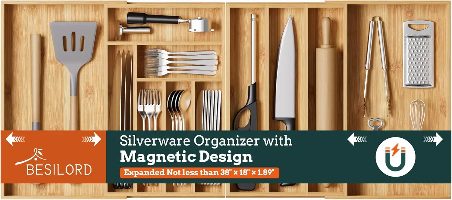 

Silverware Organizer Large, Magnetic Connected Expandable 11 Slots Silverware Drawer Organizer From