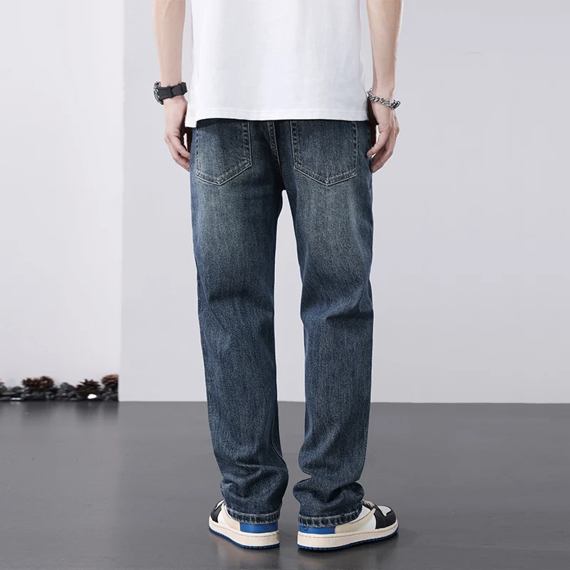 European and American retro loose straight leg high street elastic denim pants wide leg baggy jeans men clothing streetwear men