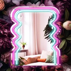 Archway Wave Neon Sign Mirror for Wall Decor 3D Art Neon Light LED Lights Wall Mirrors,Makeup Mirror with Lights for Women Gift