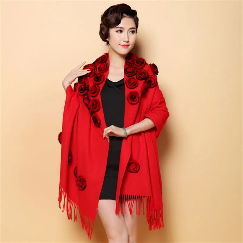 2022 Winter Wool Pashmina Scarf Muffler Woman Autumn Winter Wool Shawl With Rex Rabbit Fur Pompom Rose Capes