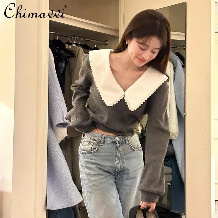 Japanese Removable Collar Contrasting Fake Two-piece V-neck Long-sleeved Knitted Sweater Spring New Fashion Sweet Girl Women Top