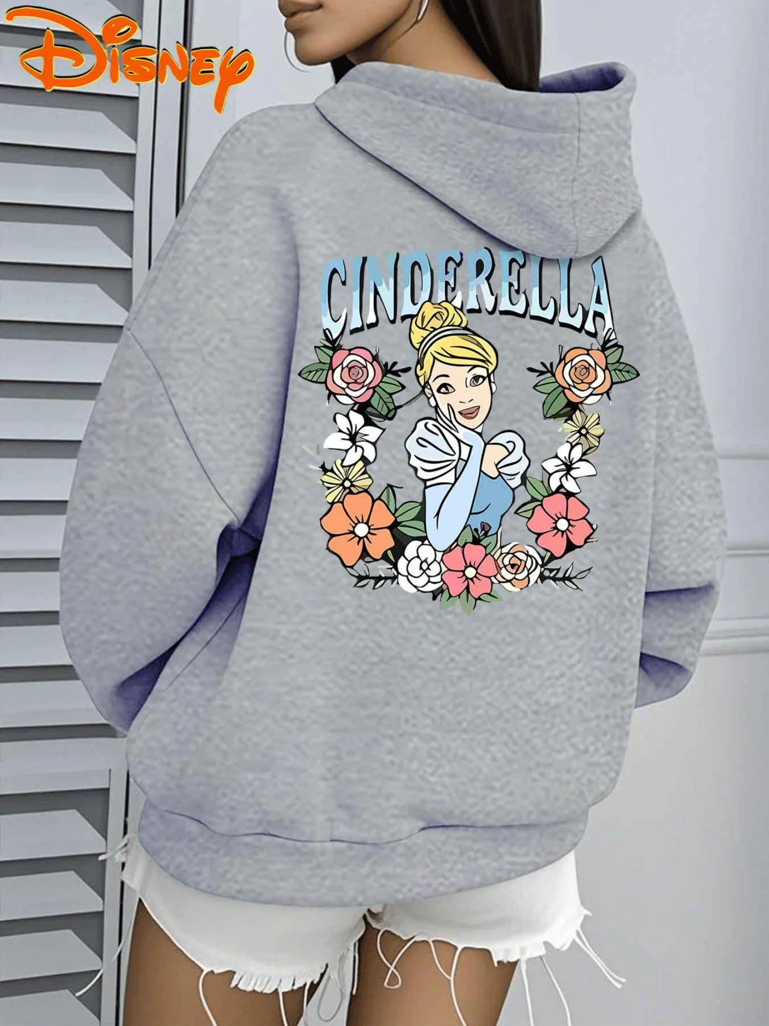 سترة نسائية بغطاء للرأس مطبوعة خلفية من Disney Cinderella - بلوفر رسمي برسومات الأميرة، سترة بغطاء للرأس ناعمة للنساء