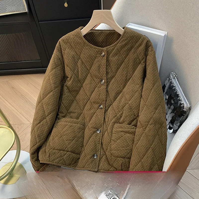 

Thiened вельветовое зимнее пальто из хлопка в горошек, свободная круглая универсальная теплая верхняя одежда с застежкой на одной пуговице