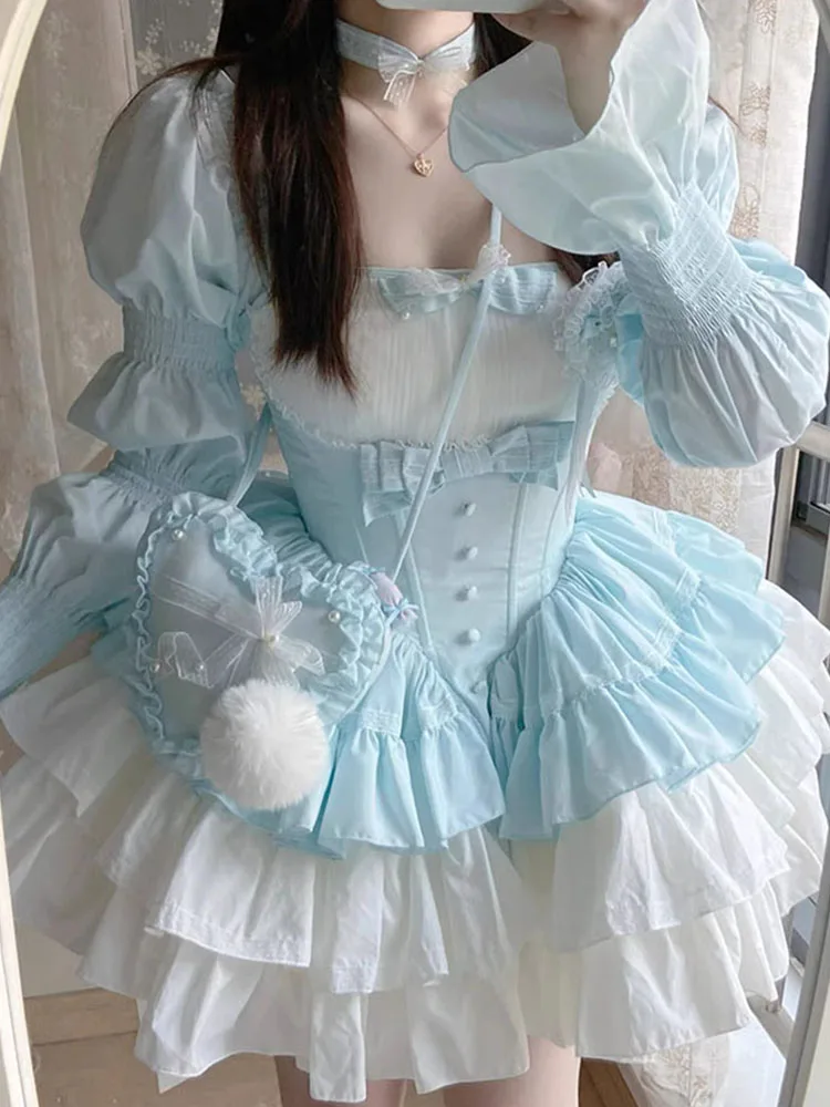 French Sweet Puff Sleeve Wooden Ear Lolita Pettiskirt Women Ballet Style Waist-Controlled Long Sleeves Birthday Dress