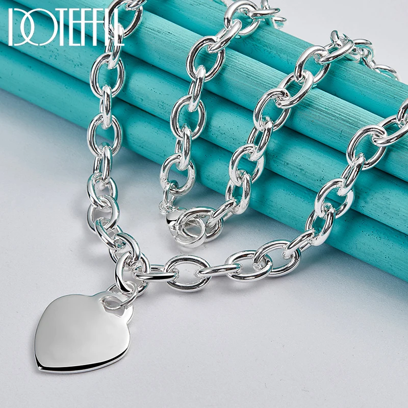 DOTEFFIL 925 Sterling Silver Heart 18 inches Chian Necklace 8 inches Bracelet Set For Women Wedding Engagement Party Jewelry