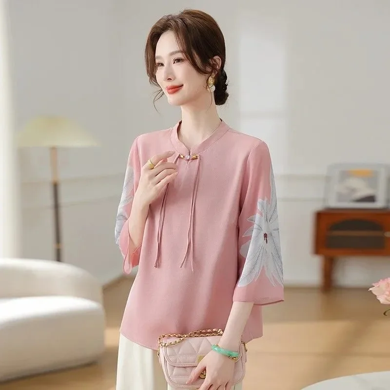 Chinese Ethnic Style Middle Aged Women Summer Printed Mandarin Collar 3/4 Sleeve Shirt Daily Casual S-4XL