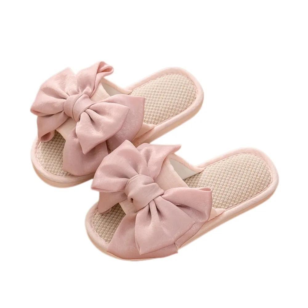 

Cotton Linen Women's Silk Bow Slippers Sandals Shoes Non-Slip Ladies Linen Flat Slippers Colorful Big Bowknot
