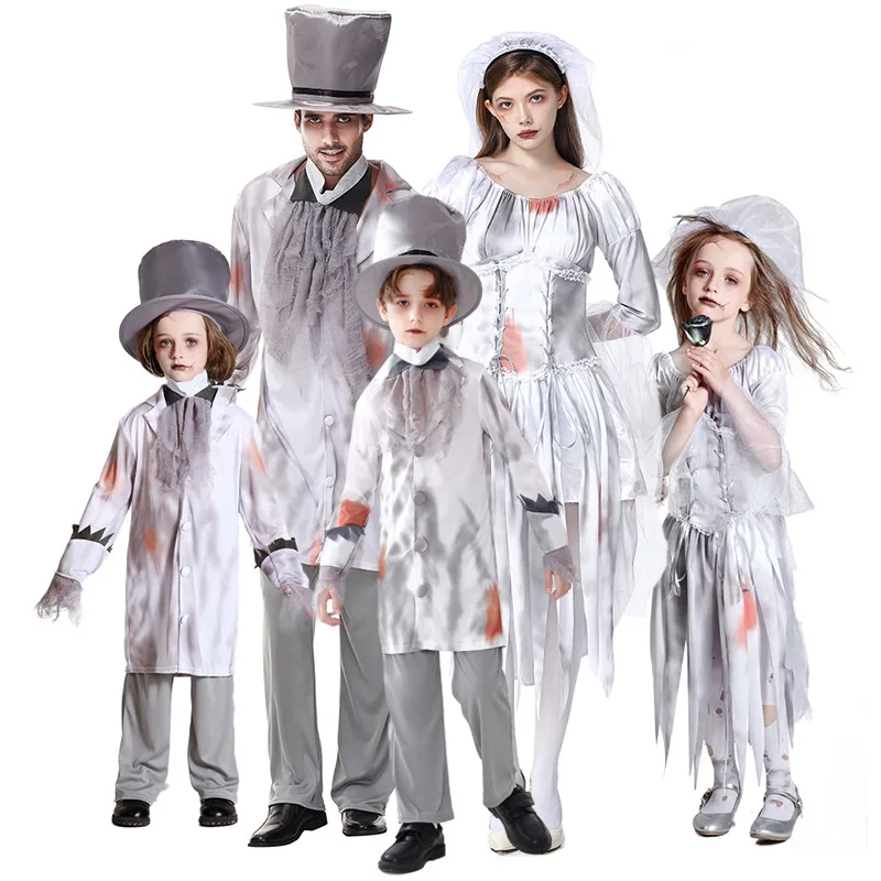 Halloween Family Party Costumes Women Girl Ghost Bride Dress Set Men Boys Scary Vampire Zombie Costume for Kids Adult Cosplay