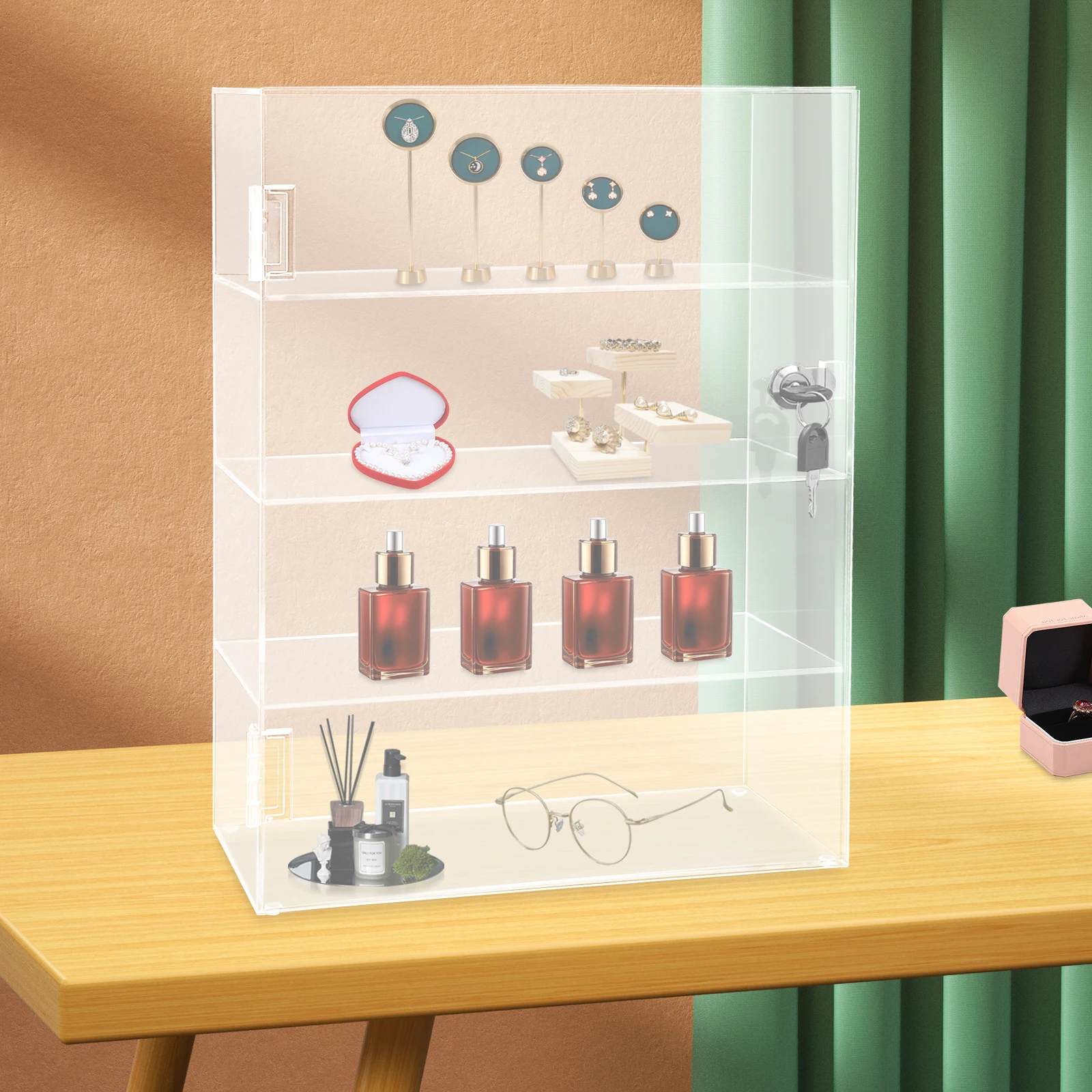 

4-Tier Locking Countertop Acrylic Display Case with Shelves, Clear Lockable Showcase Display Cabinet for Collectibles Office