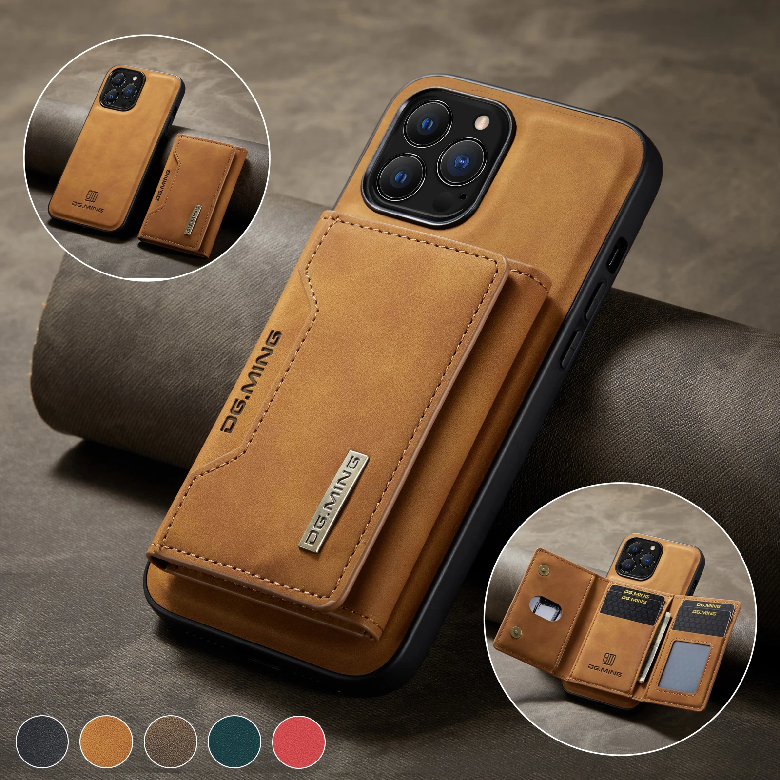 2 In 1 Detachable Magnetic Leather Case for iPhone 15 14 16 Pro Max 16Pro 13ProMax Wallet Cover Cards Solt Holder Pocket Bag