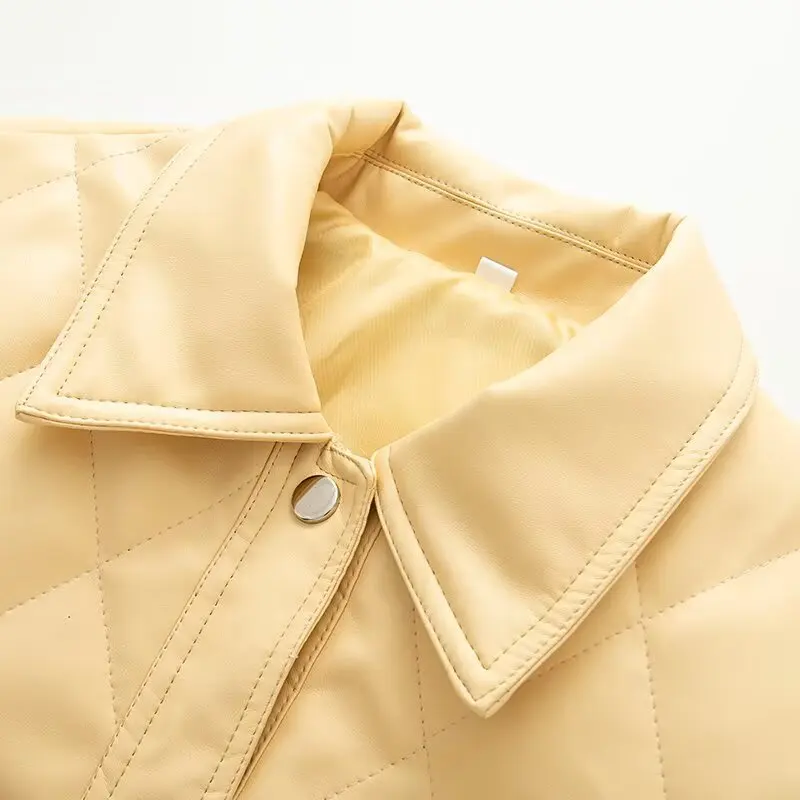 Women Fall Winter Padding Jacket Coat Casual Chic PU Leather Rhombus Buttons Jacket KONDALA 2026 Trendy Street Elegant Jackets