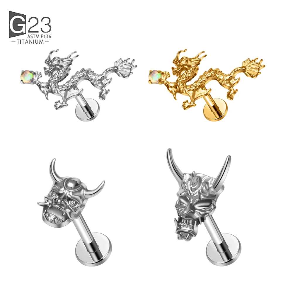 Pendiente de titanio G23 para el trago de la oreja, 16G, máscara de cabeza de guerrero Oni interna, Labret, cartílago de dragón, hélice, Piercing, joyería para el cuerpo