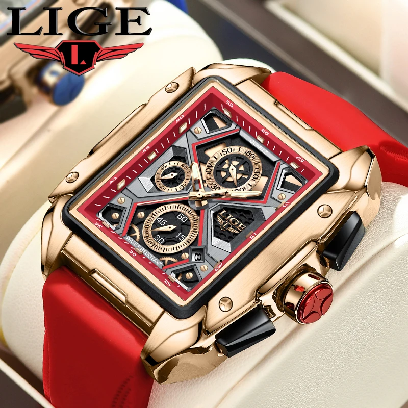 LIGE Luxury Men\'s Quartz WristWatch Big Watches For Men Fashion Sport Red Rubber Strap watch Cool 30M Waterproof Skeleton Watch