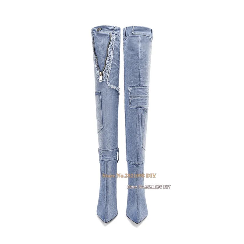 High Denim Heels Over The Knee Long Boots Women Pointed Toe V Zipper Blue Stiletto Heeled Jeans Boot with Pockets Rivets