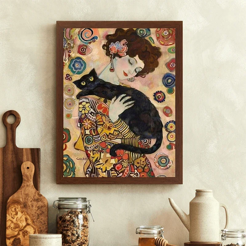 1pc frameless Canvas Painting Gustav Klimt Poster Cats Kissing Canvas Painting Print Two Cats Hugging Wall Art Picture for Livin