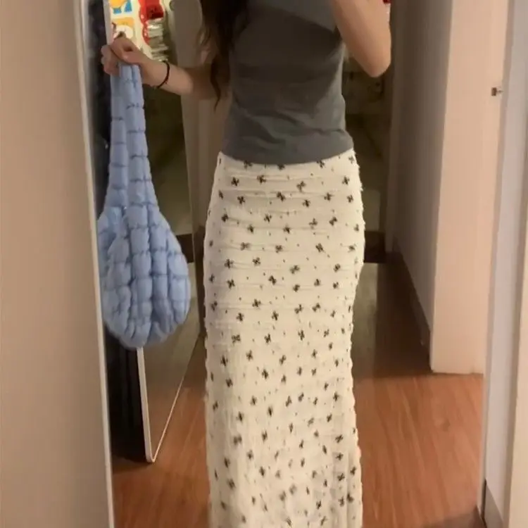 

Gagarich 2025 New Korean White Girl Summer Vacation Bow Print Lace High Waisted Floral Fish Tail Long Slimming Skirt Women