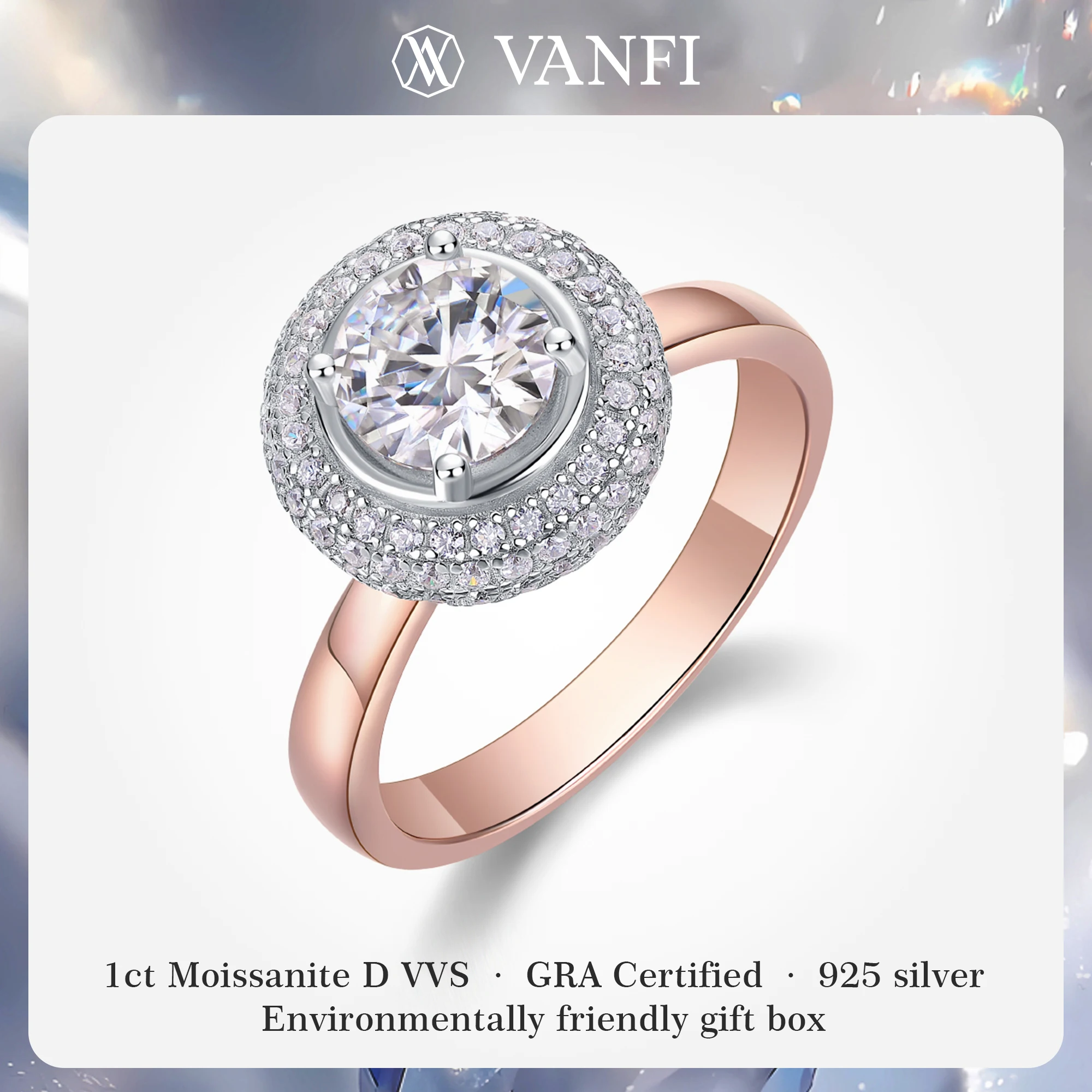 

kfvanfi moissanite 1ct lab diamond GRA flower women's ring s925 sterling silver plated 18k white gold wedding banquet jewelry