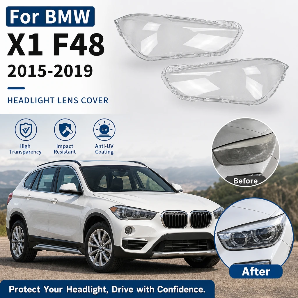 Headlight Lens Cover For BMW X1 F48 2015-2019 1Pair PC High Transparency Anti-UV Impact Resistant Durable Direct Replacement