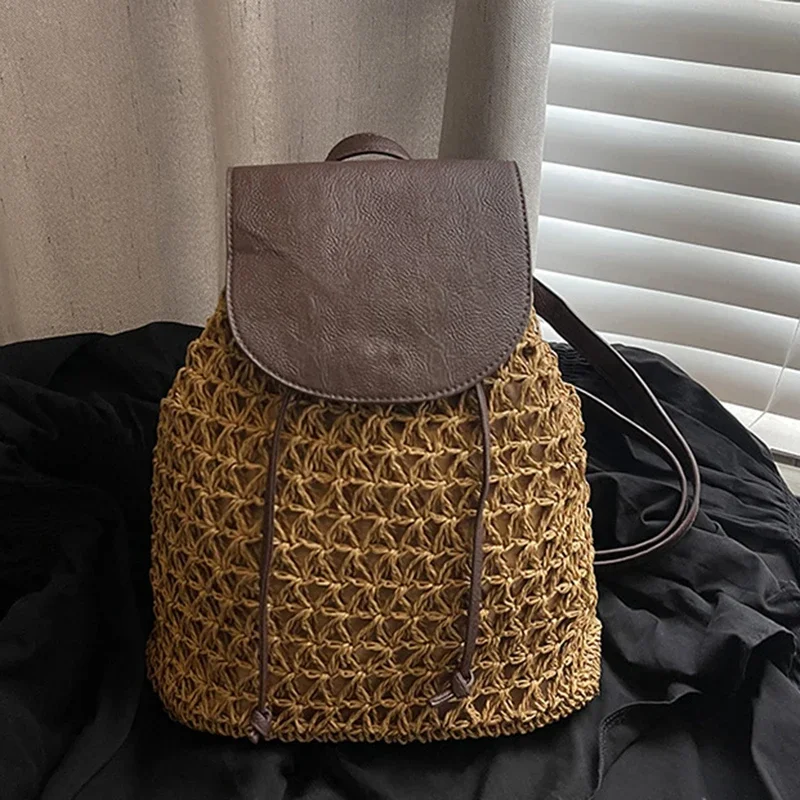 Women's Straw Backpack Summer Boho Bohemian Hollow Shoulder Bag Hobo Crochet Woven Travel Bags for Women Knitted Beach Back Pack - view 4