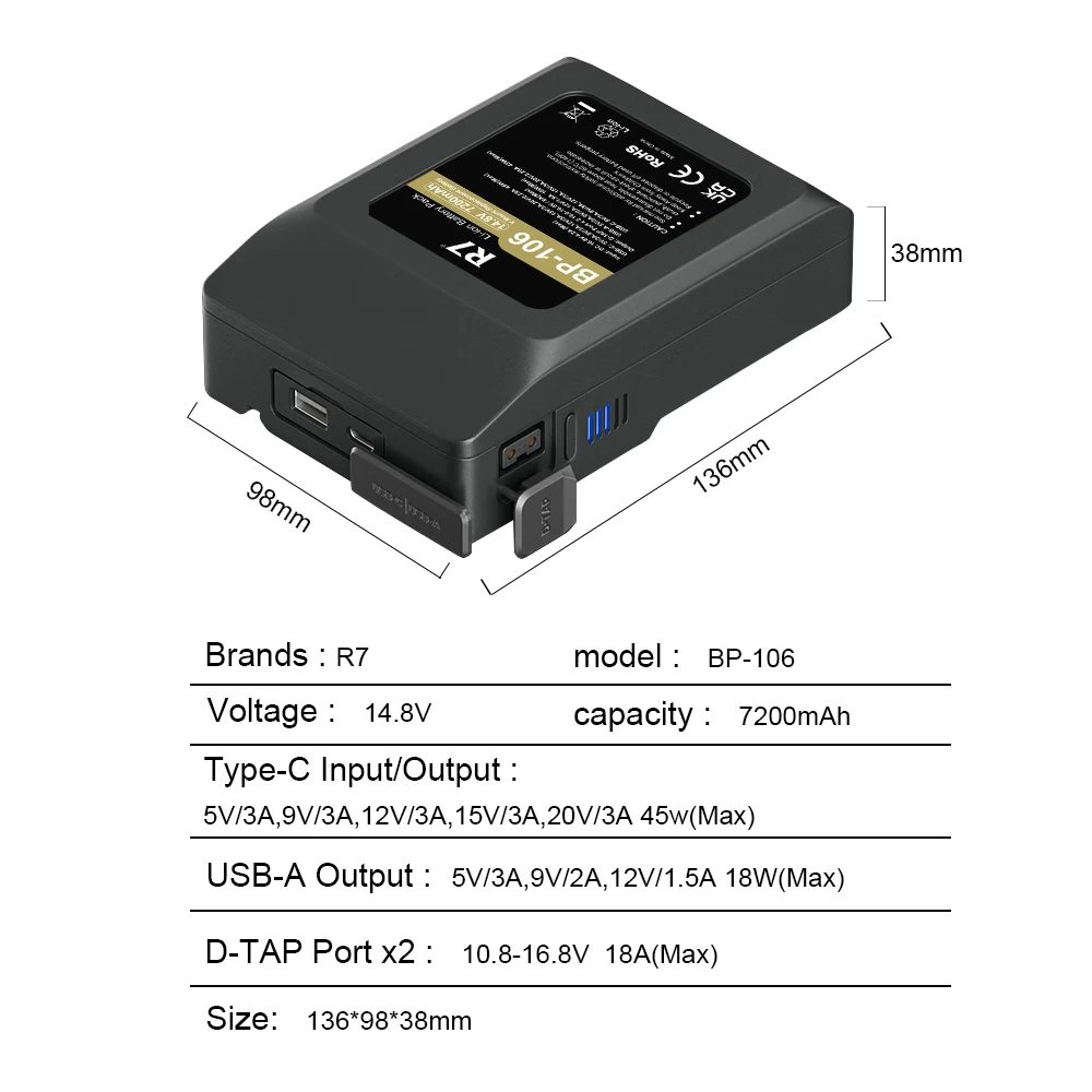 V Mount Battery BP-106 for Sony HDCAM XDCAM Digital Cinema Cameras LED Video Light DSLR BMPCC 4K Monitor Camcorders