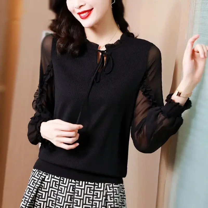 Elegant Women New Loose Chiffon Shirt Gauze Long Sleeves Lace Spring Summer Fashion Vintage Black Pullovers Chic Blouses Women's