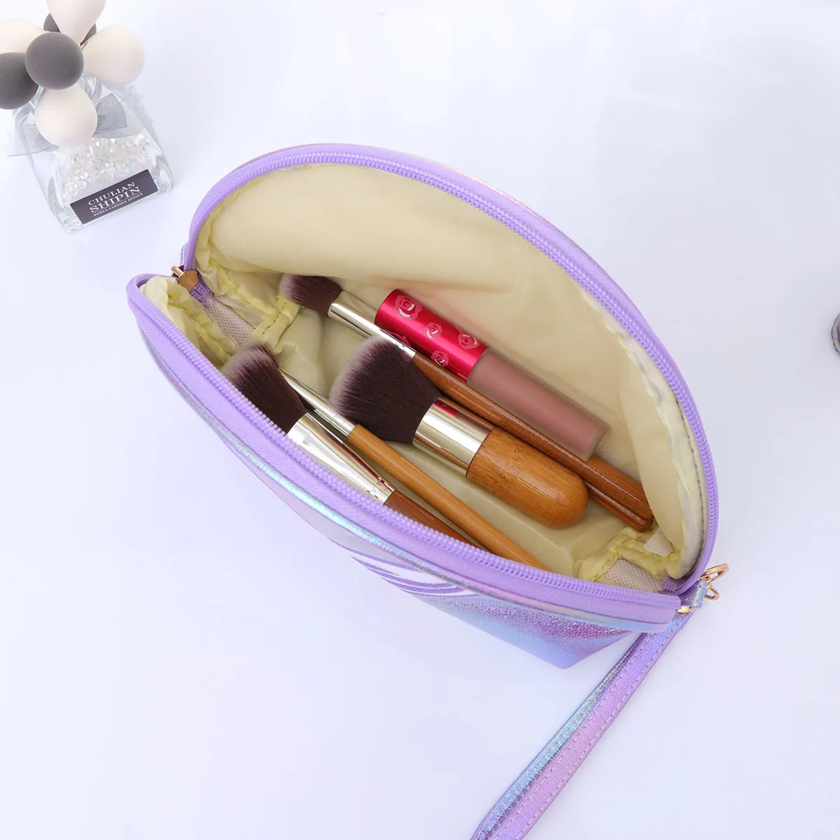 Fishtail Pattern Light Purple Shiny Travel Toiletry Organizer Pouch Portable Wash Kit Case For Women Toiletry Bag