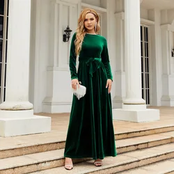 Elegant Temperament Velvet Pleated Long Dress Women Solid Color Long Sleeve High Waist Belt Party Maxi Dresses Evening Vestidos