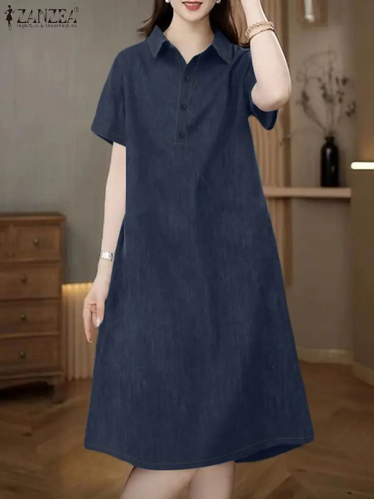 Summer Denim Blue Shirt Dress ZANZEA Women Fashion Lapel Neck Short Sleeve Jeans Vestidos Casual Solid Work Midi Sundress Robe