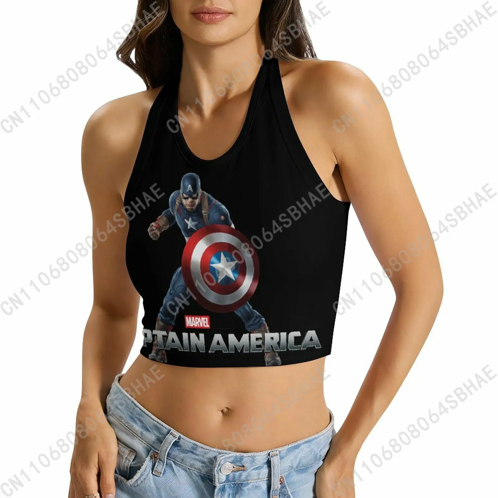 

Marvel Captain America Custom Photo Women's Halter Top Personalized Tie Back Cami Upload Your Gift Wife Girlfriend Cosplay