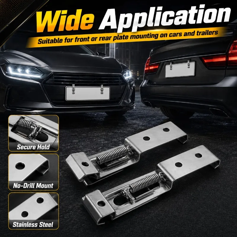 2/4/6PCS Rectangular License Plate Clips Spring Loaded Stainless Steel Car Bracket Clamps No-Drill Frame Mount for Trailers