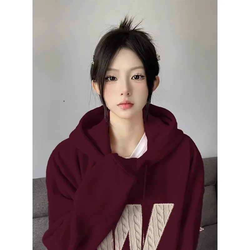 Burgundy Hooded Sweatshirt for Women Spring & Fall Thin Long-Sleeved Oversize American Retro Loose Lazy Style Jacket Trendy