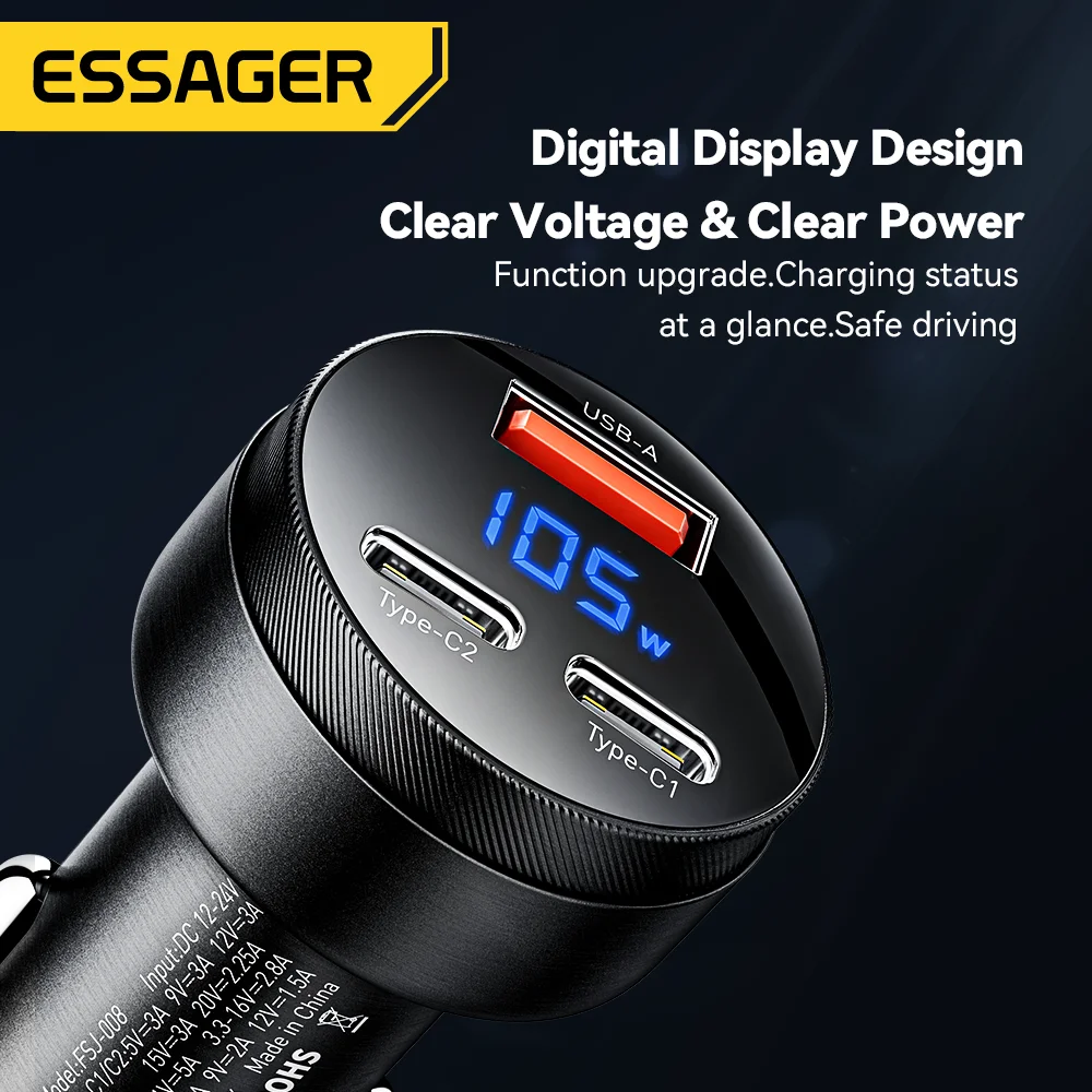 Essager 차량용 USB 충전기, 아이폰 14, 15, 샤오미 휴대폰용, 고속 충전 4.0, QC4.0, QC3.0, QC SCP PPS, PD, USB C 타입, 105W