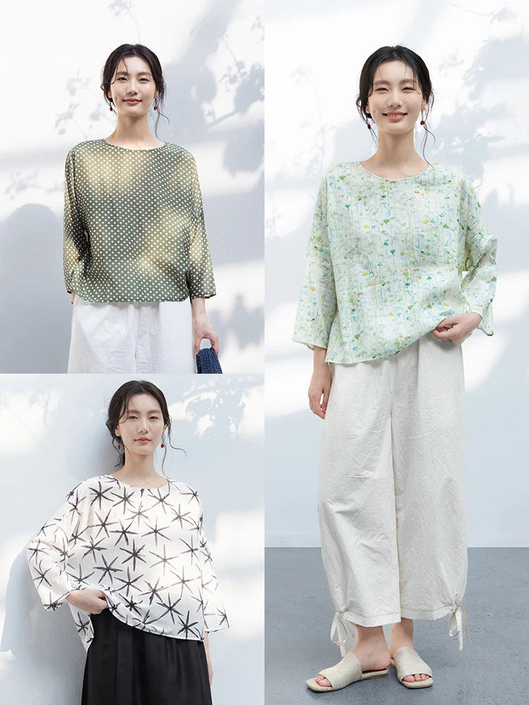 

New Le Collection Silk Cotton Flax Tee-Color Printed Summer Overhead Long Sve Top Women's Loose Fit round Ne irt