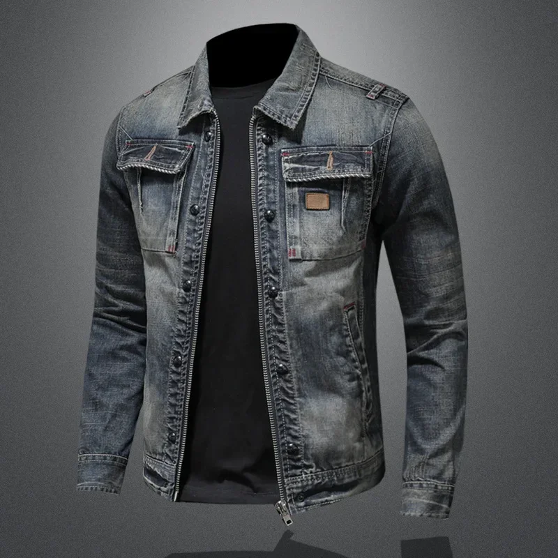 Jaket denim pria, kualitas tinggi kerah jaket denim sepeda motor pria jaket denim ritsleting retro