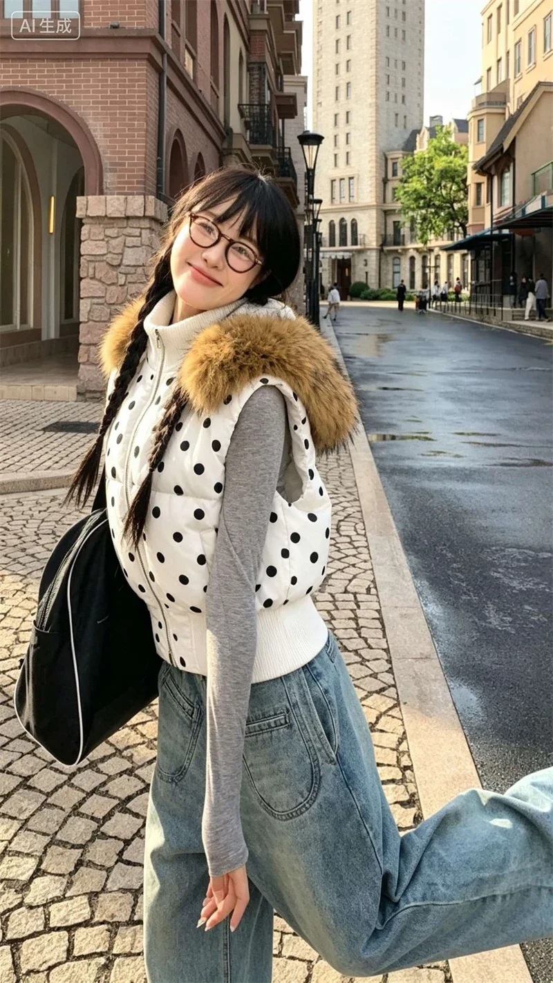 Harajuku Gothic Polka Dot Vest Jacket Fur Collar Hooded Women Fall Winter Casual Sleeveless Y2K Cotton Padded Quilted Coat Жилет