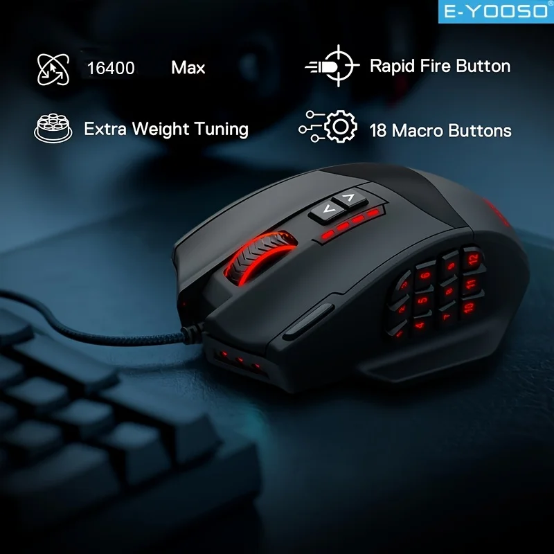 ماوس ألعاب سلكي E-YOOSO RGB شكل مريح 16400 ديسيبل متوحد الخواص قابل للتعديل يدعم تحرير ماكرو للكمبيوتر المكتبي/الكمبيوتر المحمول والمكتب
