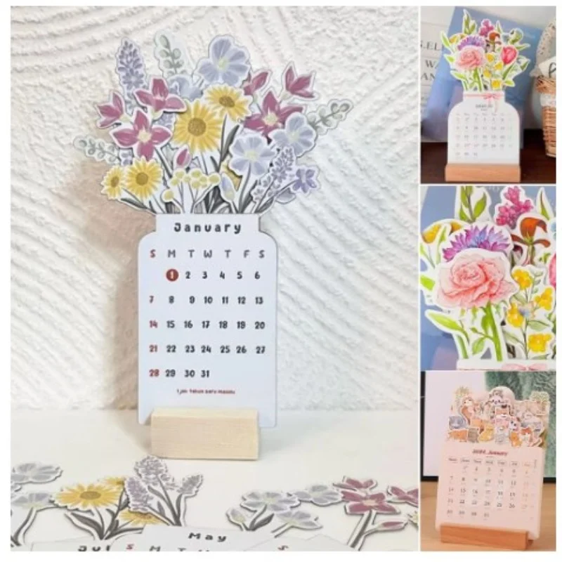 

2025 Bloomy Flowers Desk Calendar Daily Scheduler Wooden Insert-Page Design Table Calendar For House Office Decor Supplies