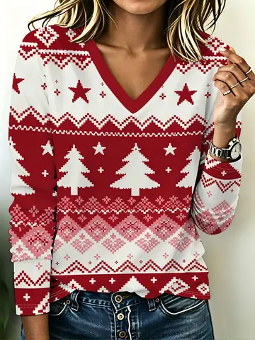 2026 New Hot Selling Christmas Theme Festival Gift Party Gift Comfortable and Breathable, Printed V-neck Long Sleeve Trendy