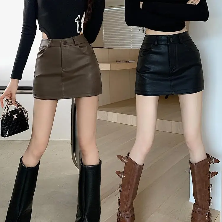 

Café Brown PU Leather Skirt High Waist Women's Autumn Winter New Style plus Size Slimming Bodycon Short Skirt