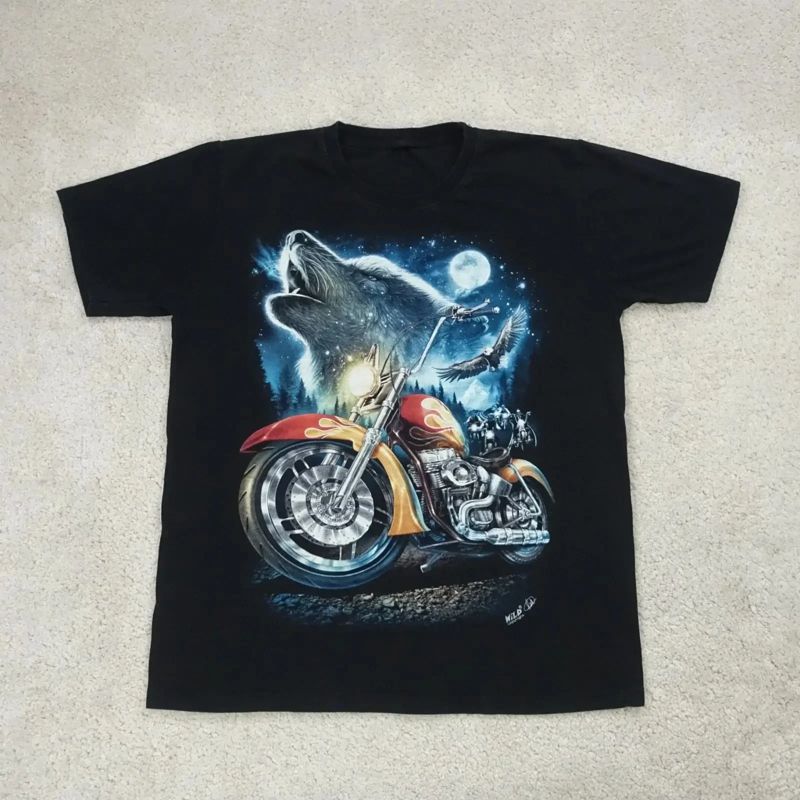 Wild T Shirt Men's Large Black Wolf Eagle Motorcycle Flame Biker Y2K Tops vintage Washed designer clothes Top For Everyday Wear