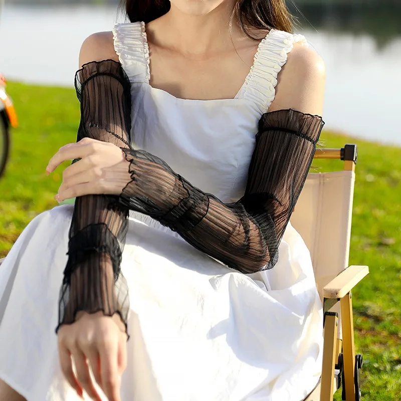 Thin Lace Long Fingerless UV Sunscreen Sleeves Breathable Mesh Arm Sleeves Stylish Protection Gloves for Women Outdoor Driving